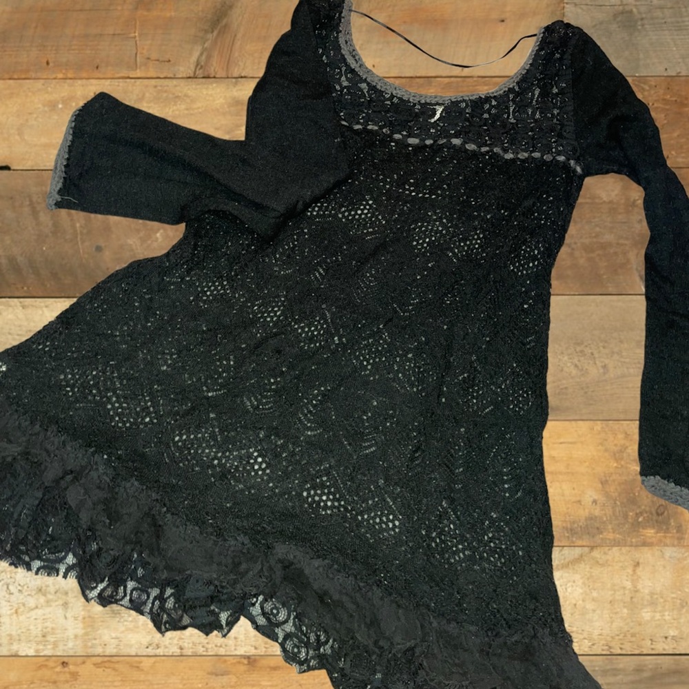 Free People Crotchet Knit Ruffle Hem Black Long Sleeve Dress